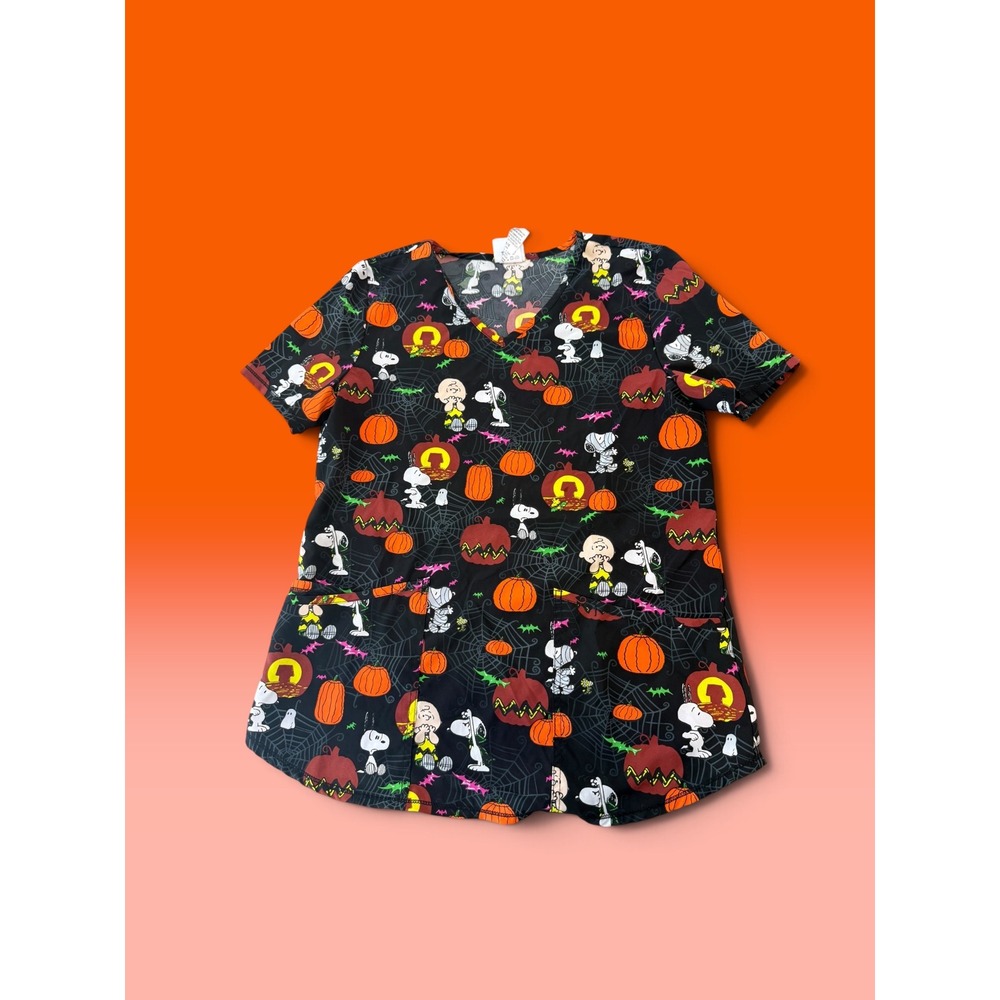 Peanuts Halloween Scrub Top Snoopy Charlie Brown Pumpkins Black V-Neck Small - Picture 3 of 8
